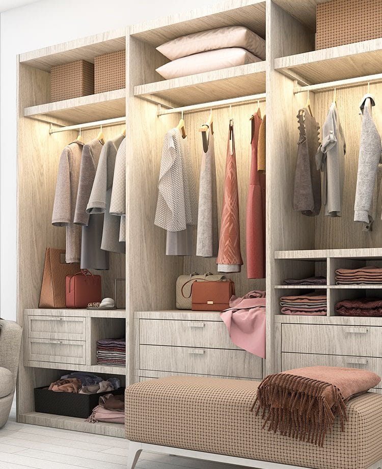 Luxurious open wardrobe design by alea modular kitchen, featuring elegant wooden shelving, soft led lighting, and ample storage for clothes, accessories, and handbags—perfect for a modern, organized living space.