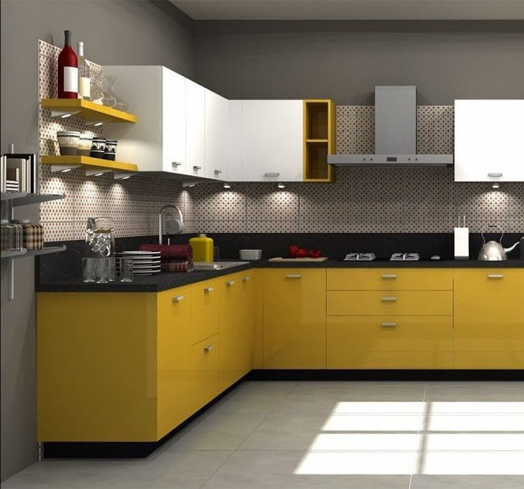 L-shape modular kitchen 1 Modern l-shaped modular kitchen with a stylish combination of yellow and white cabinetry. The kitchen features a black countertop, sleek wall-mounted shelves, under-cabinet lighting, and a contemporary backsplash. Equipped with a chimney, cooktop, and smart storage solutions, this space blends functionality with aesthetics.