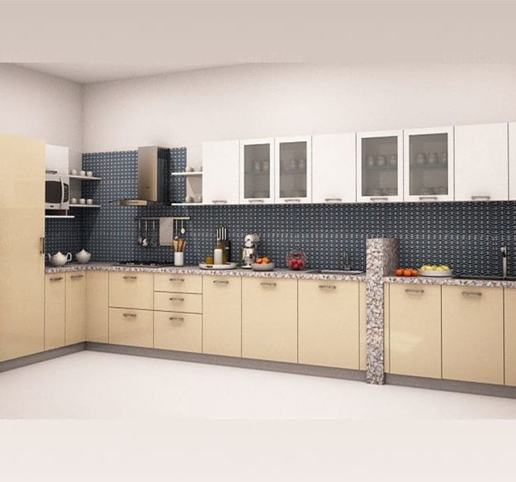L-shape modular kitchen 3 Spacious l-shaped modular kitchen with beige lower cabinets and white upper cabinets featuring glass doors. The kitchen includes a sleek chimney, a dark blue tiled backsplash, a built-in microwave, and a marble-patterned countertop. The modern design is complemented by under-cabinet lighting and a clean, minimalist layout.