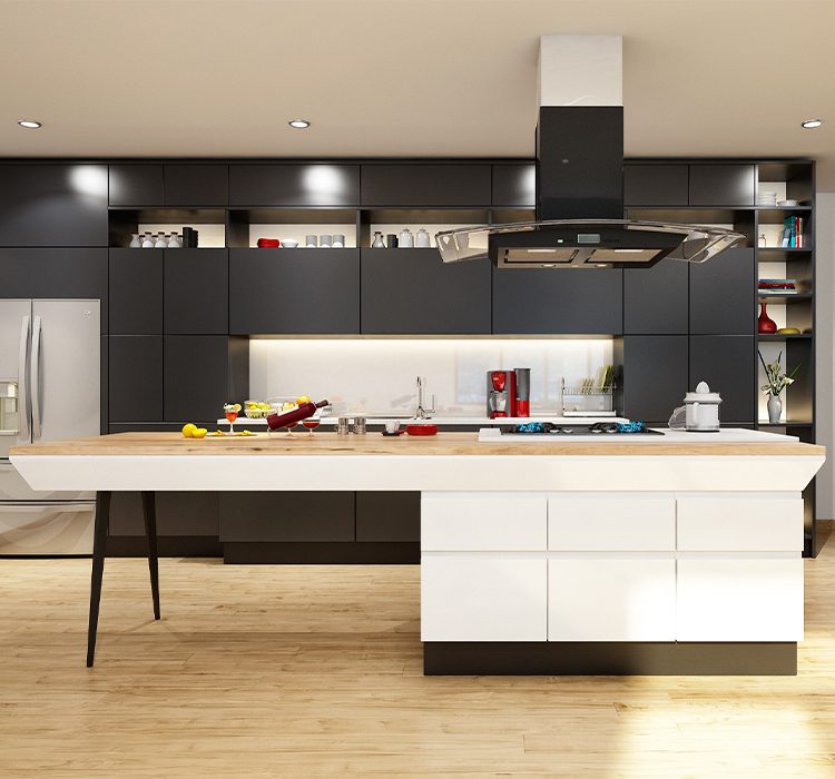 Island shape modular kitchen 1 Premium island-shaped modular kitchen by alea modular, featuring a central quartz countertop, built-in breakfast bar, and smart pull-out storage for modern homes.