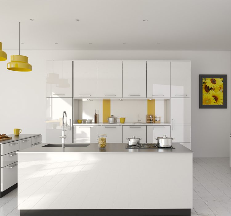 Island shape modular kitchen 2 Modern white modular kitchen by alea featuring island layout with cooktop, glossy cabinets, yellow pendant lights, and sunflower artwork. Clean minimalist design with yellow accent panels.