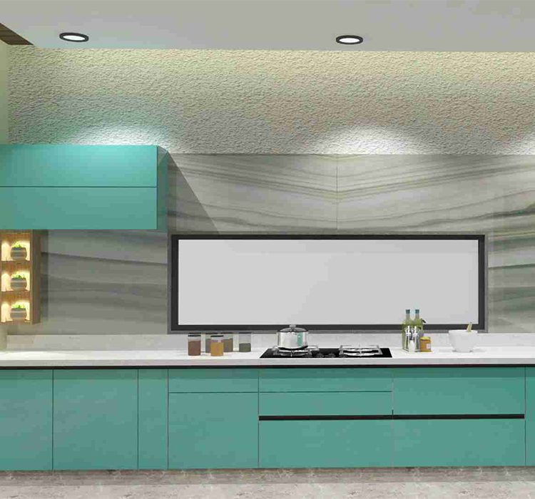 Island shape modular kitchen 4 Alea modular kitchen's contemporary island-shaped kitchen with turquoise cabinets, white countertops, marble-look backsplash, built-in cooktop, and recessed lighting. Modern modular design with sleek handleless cabinetry.