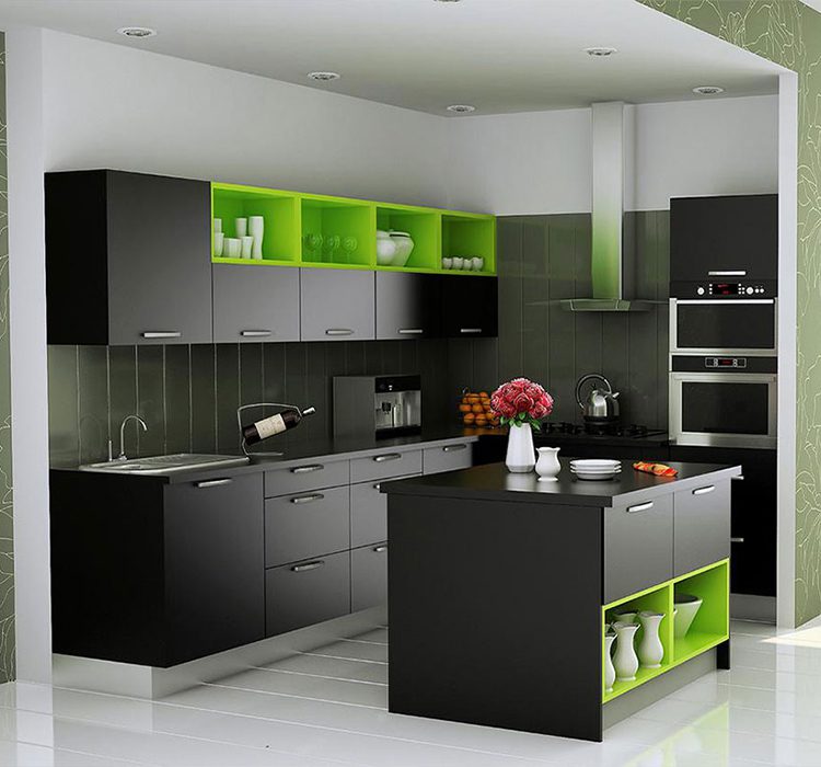 Island shape modular kitchen 6 Alea modular kitchen's contemporary island shaped kitchen with island featuring charcoal gray cabinets accented with vibrant lime green open shelving. Island with integrated storage displays white ceramics. Modern stainless steel appliances, dark backsplash, and fresh flowers add sophistication to this compact modular kitchen design.