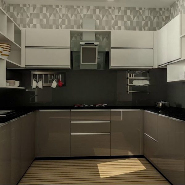Design visualisation of a U-shaped modular kitchen