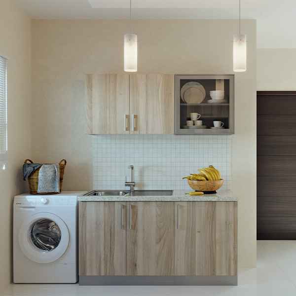 Design visualisation of a compact kitchen run with laundry appliance