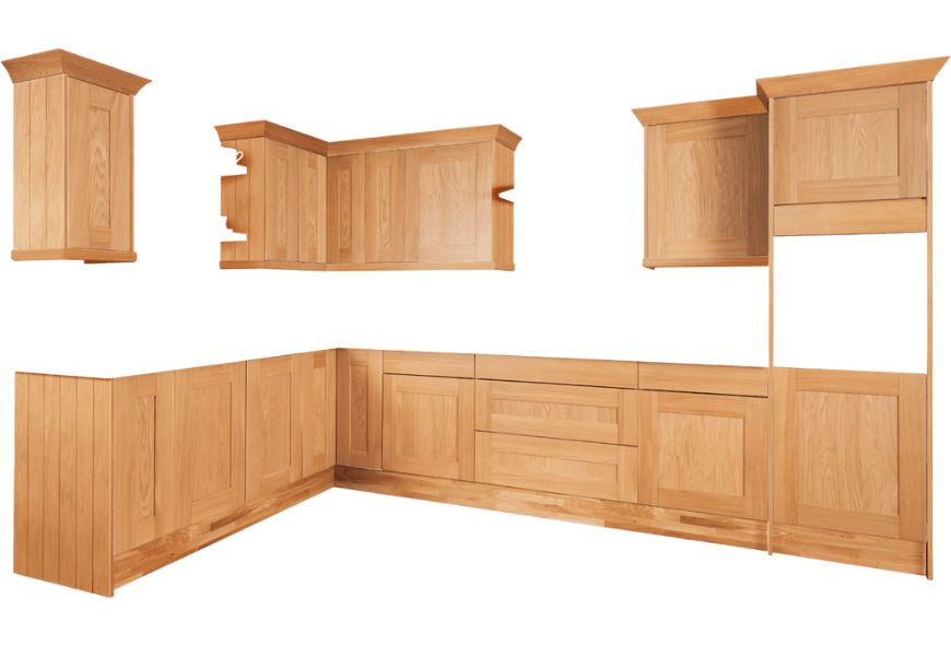 Types of modular kitchen cabinets and their uses 1 A collection of wooden kitchen cabinets in a warm oak finish, arranged in various configurations, including upper and lower units.