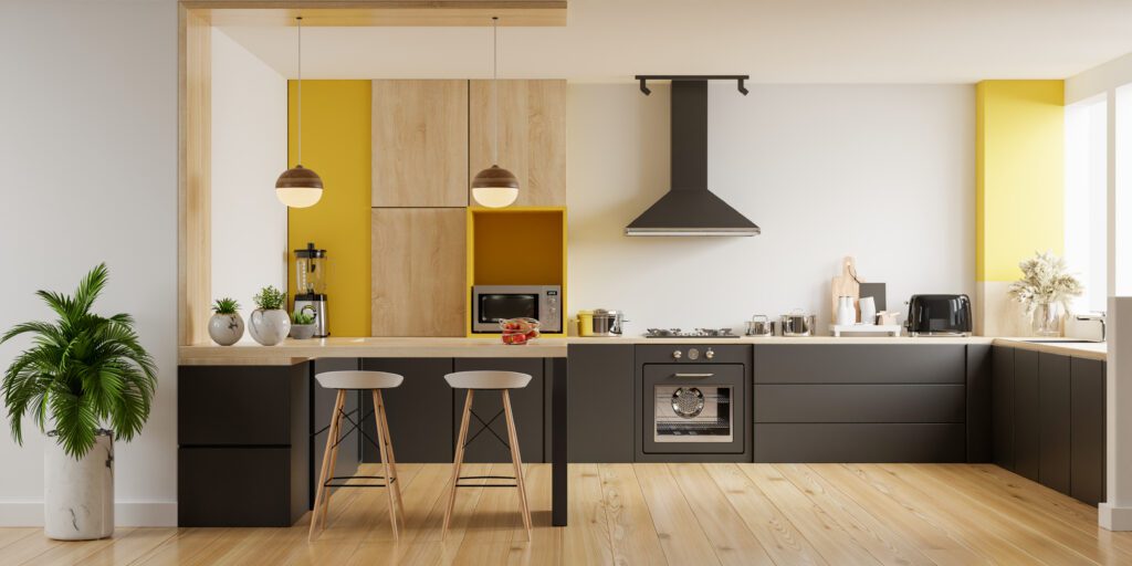 Best 10 modular kitchen decor ideas 1 Modern kitchen interior with furniture stylish kitchen interior with yellow wall 3d rendering 1