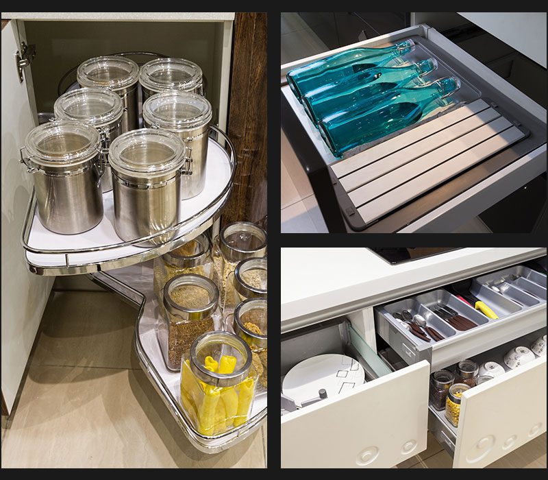 Alea 18 Innovative modular kitchen storage solutions by alea, featuring a sleek pull-out corner carousel for jars and spices, a dedicated bottle rack for organized storage, and a smart cutlery drawer with compartments. Enhance kitchen functionality with premium hardware designed for convenience and efficiency.