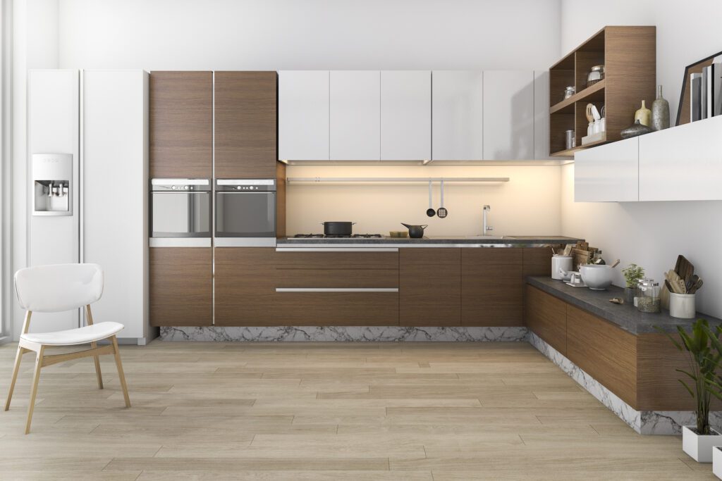 Tips for designing l shape modular kitchen to get better results 1 3d rendering wood loft kitchen with bar living zone