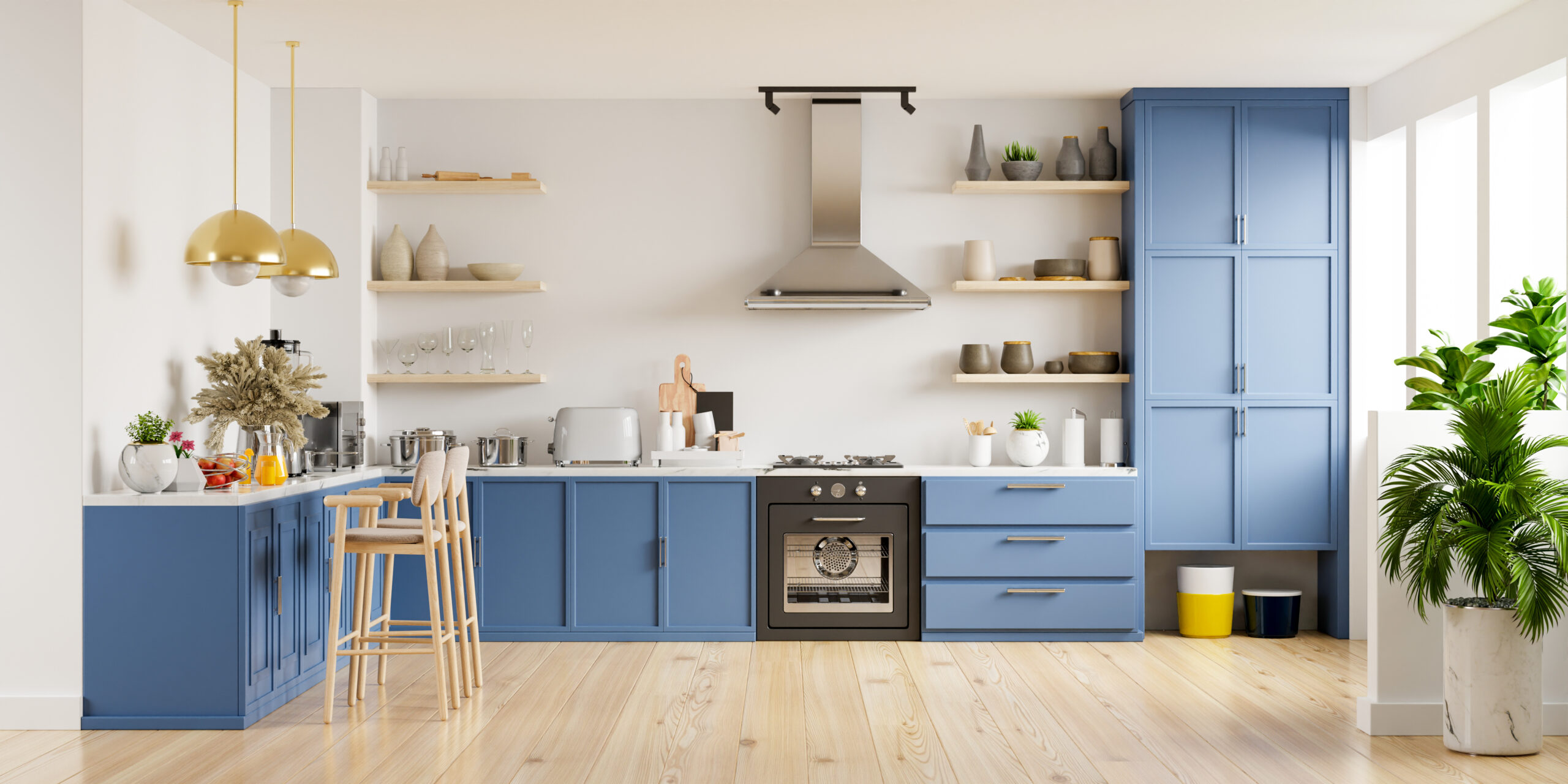 Modern kitchen interior with furniture stylish kitchen interior with white wall 3d rendering scaled