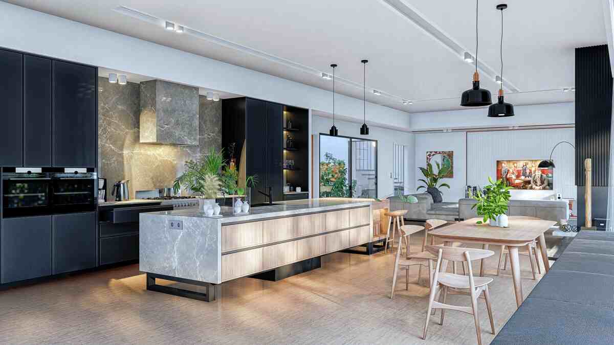 Modern open-plan kitchen with a sleek redesign kitchen layout, featuring a spacious island, black cabinetry, marble accents, and a cozy dining area blending into the living space.
