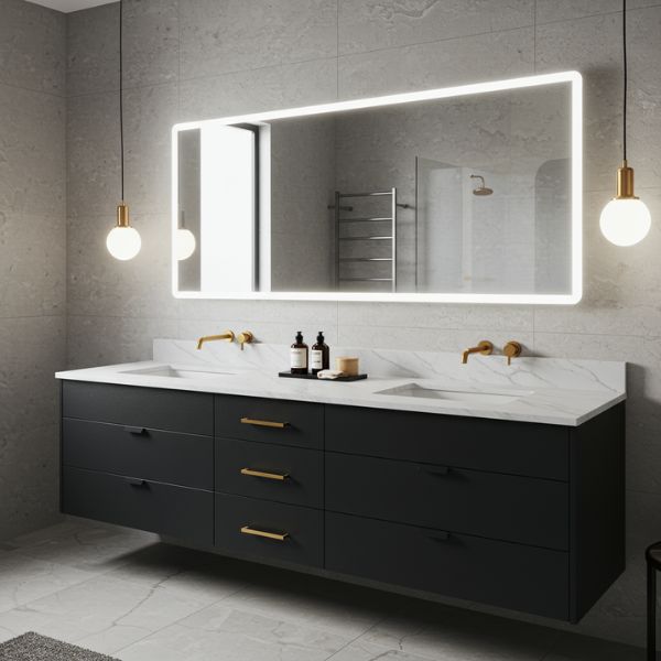 Alea modular kitchens in mohali 3 Luxury dual-sink vanity with backlit mirror and gold fixtures.