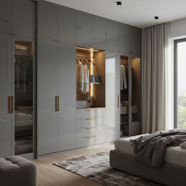 Alea modular kitchens in mohali 2 Luxury grey modular wardrobe with led lighting in a modern bedroom.